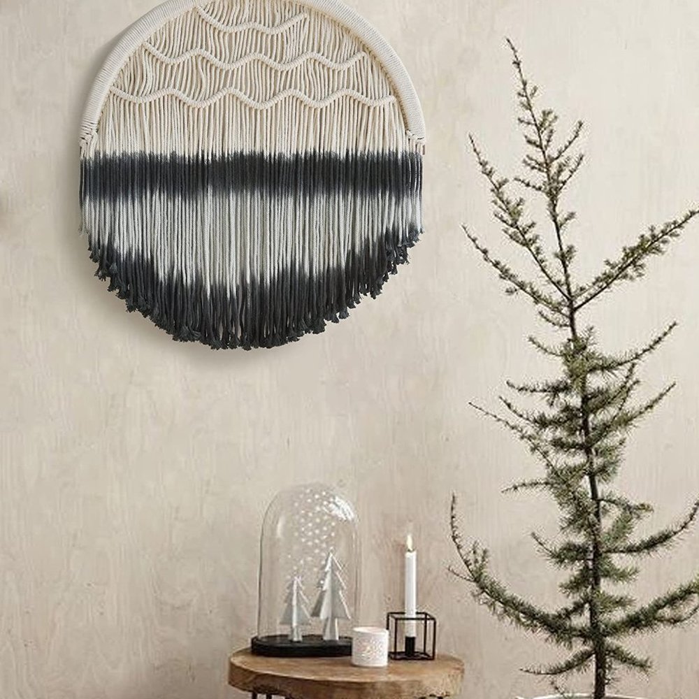 Boho Black Ombré Cream Macrame Circle Hippie Indie Tie-Dye Dipped Home Decor - Picture 7 of 10